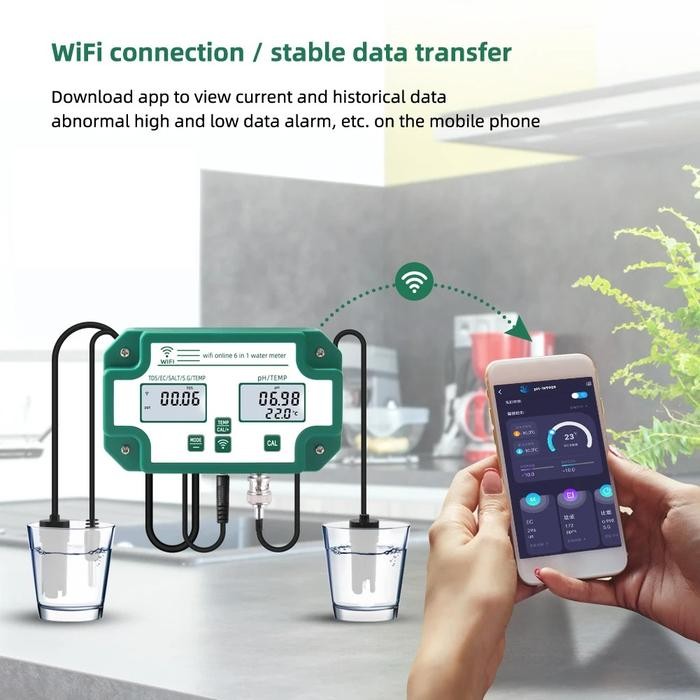 Monitor PH/TDS/EC/Salinity/S.G/Temp Pengukur Air WIFI untuk Kolam Ikan / akuarium Kode 361