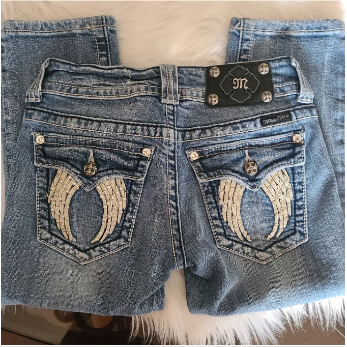 Y2K Miss Me Boot Cut Retro Jeans Female Blue High Jeans Embroidered Wing Pocket Hip Hop Harajuku