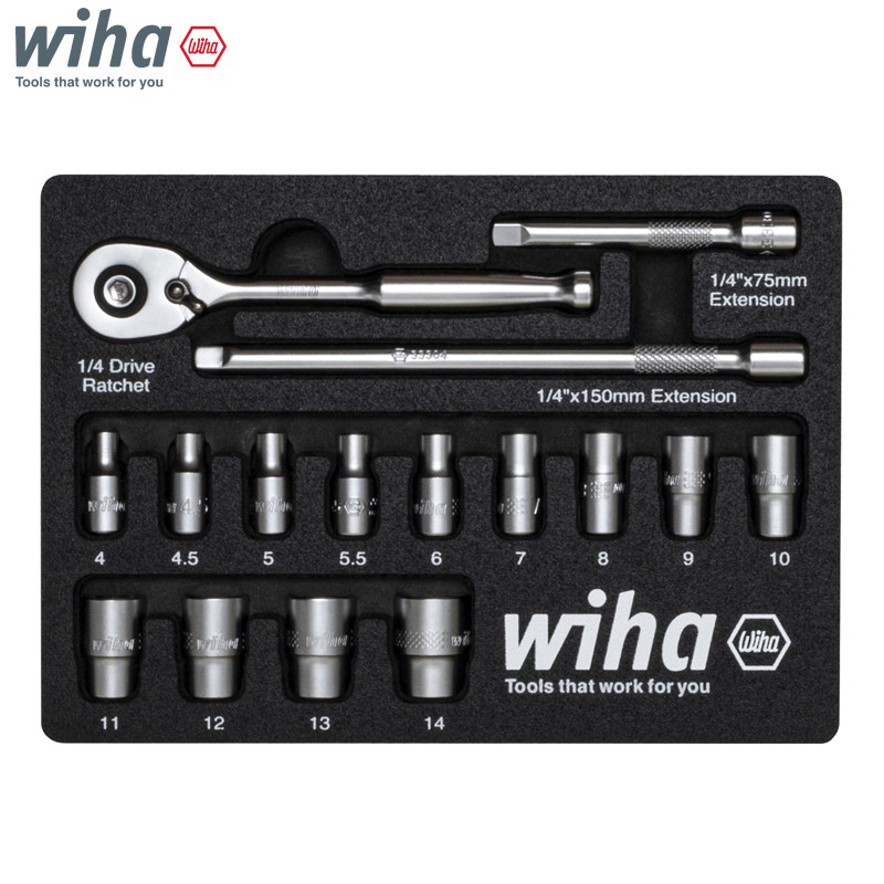 Wiha 44683 1/4'' Ratchet Wrench and Insert Set 17Pcs Tight Fastening