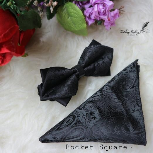 dasi kupu bowtie batik hitam dan pocket square sapu tangan batik hitam