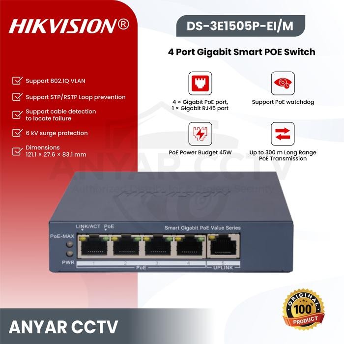 HIKVISION DS-3E1505P-EI/M 4 Port Gigabit Smart POE Switch