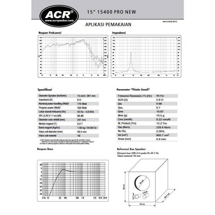 Speaker Full Range 15 In / Acr 15400 New 15" ( 350 Watt, 8 Ohm )