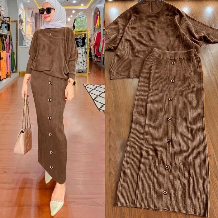 SETELAN WANITA MUSLIM BAHAN RAJUT DAN ROK PANJANG IMPORT-MAHARANI
