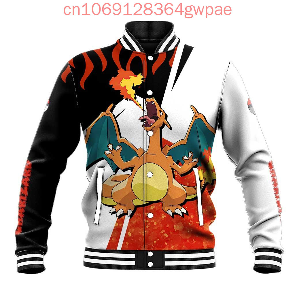 Pokemon  arizard Baseball Jacket Coat Men And Women Y2K Button Casual Cool Baseball Jacket Tops
