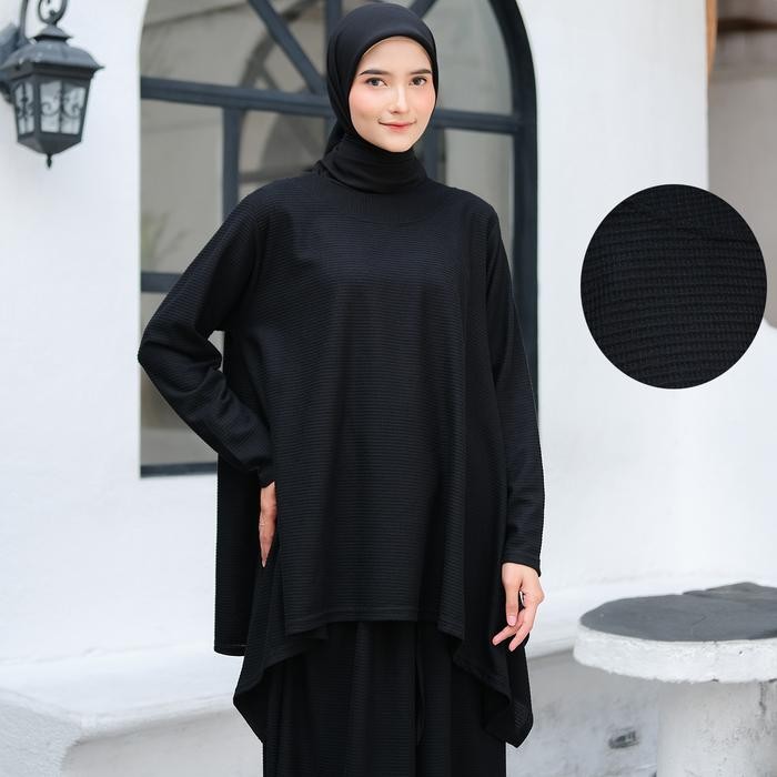 JV Hasanah Oneset Waffle Knit Series Black - Setelan Rok dan Kulot Kaos Knit Waffle