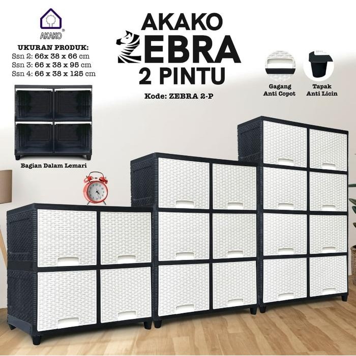 LEMARI PAKAIAN RAK PLASTIK AKAKO ZEBRA 2 PINTU ROTAN PUTIH HITAM