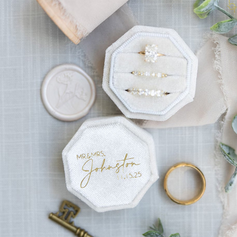 Custom Wedding Rings Box Triple Slot Octagon Velvet Ring Box Engagement Ring Box Personalized