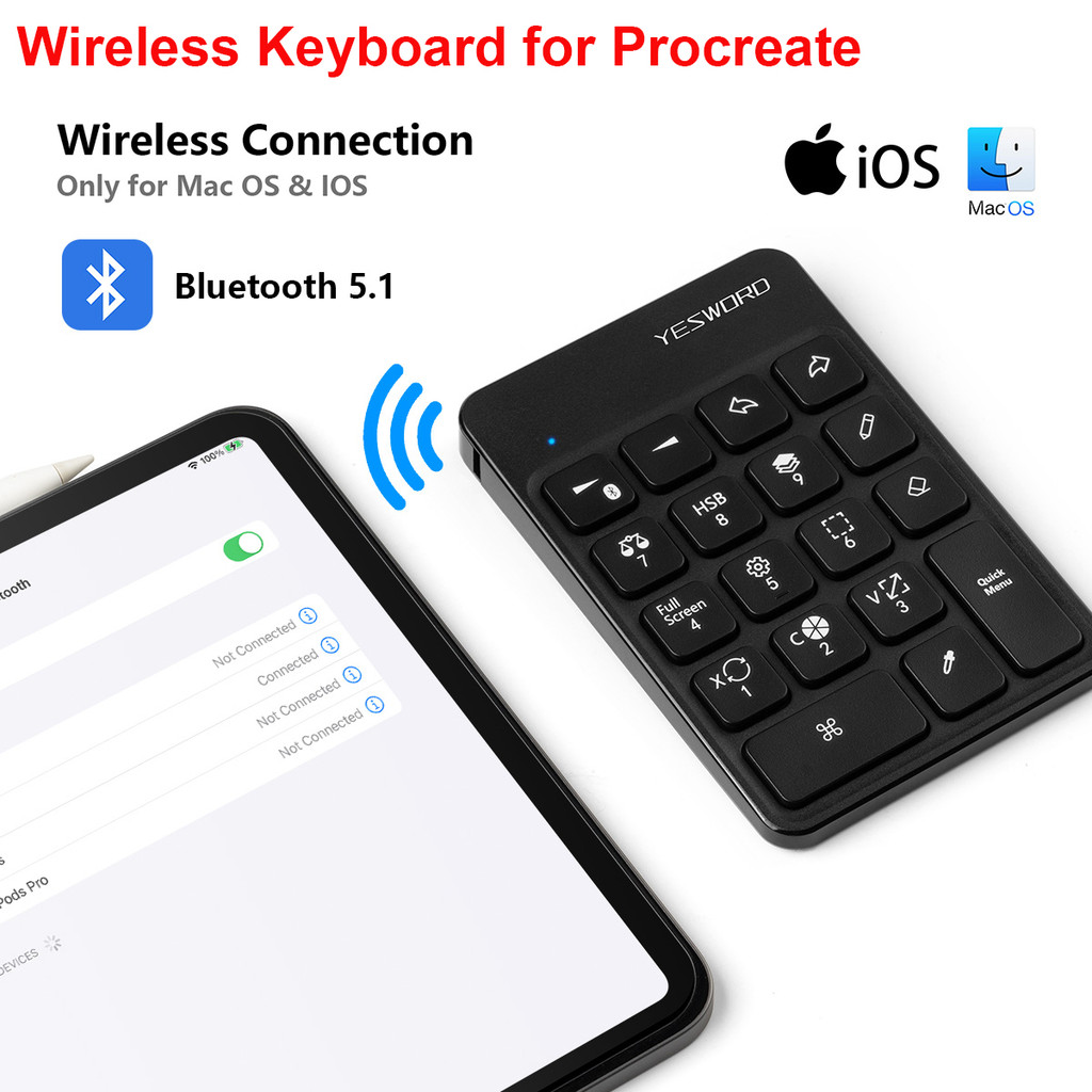 YESWORD Wireless Keyboard for Procreate Bluetooth Drawing for iPad Graphics Tablets Painting