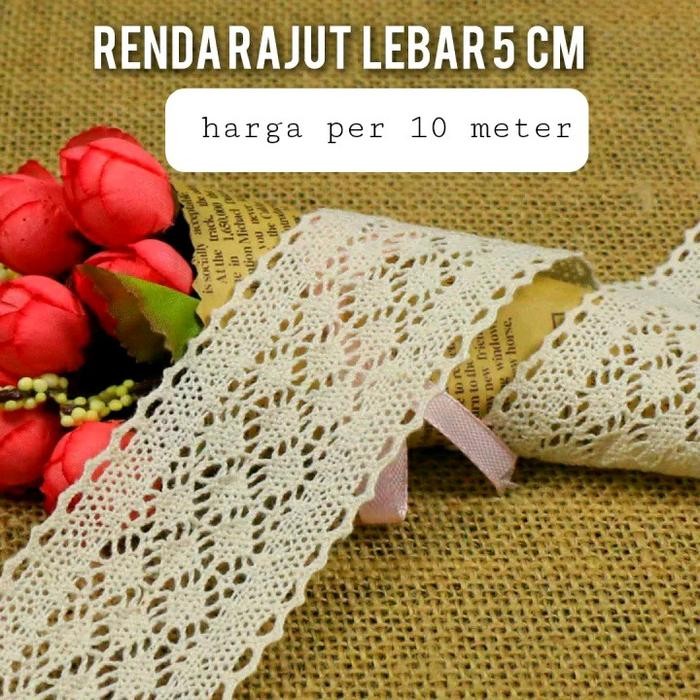 per rol 10 meter,renda rajut warna krem lebar 5 cm