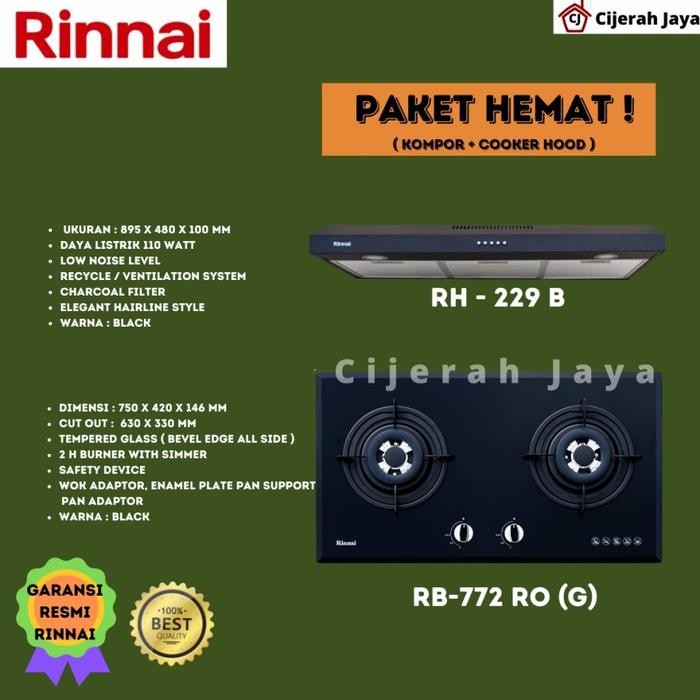 ~~~] RINNAI PAKET KOMPOR GAS TANAM 2 TUNGKU RB 772ROG + COOKER HOOD RH 299B