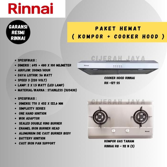 ~~~] PAKET KOMPOR TANAM RINNAI GAS STAINLESS 2 TUNGKU RB 712NS + COOKER HOOD RINNAI RH 127SS