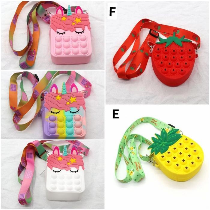 Tas Slempang Pop It Impor Unicorn, Strawberry Anak Cewek Impor