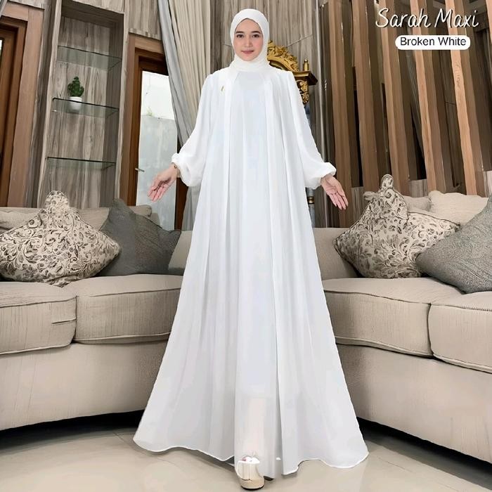 Gamis Jumbo LD 120 Terbaru 2024 Sarah Maxi Bahan Kain Ceruty Babydoll Fullpuring Gamis Putih Polos