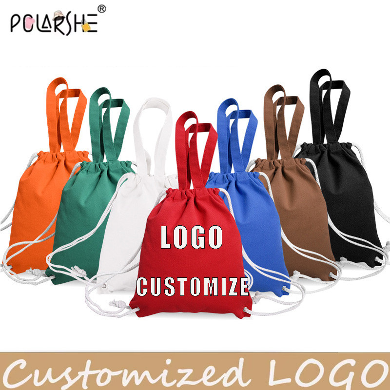 Polarshe Custom Logo Cotton Drawstring Storage Bag Reusable Portable Canvas Grocery Shopping Bag