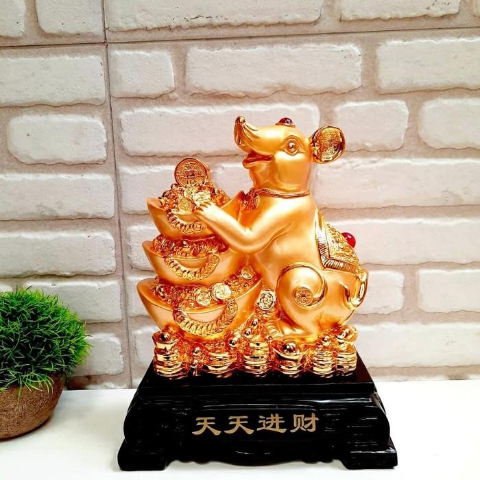 Jual [READY] Patung Tikus Emas S Tatakan Kayu Kado Pajangan Hoki Shio Tikus Murah