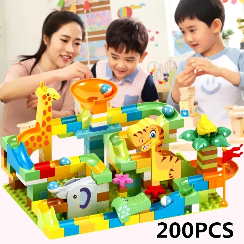 DIY Dinosaur Marble Race Run Big Blocks Plastic Building Blocks Funnel Slide Assembly Bricks