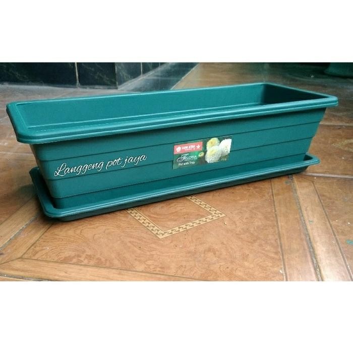 Pot Tanaman Plastik Panjang Motif Trivetto + Tatakan Warna Hijau Ukura