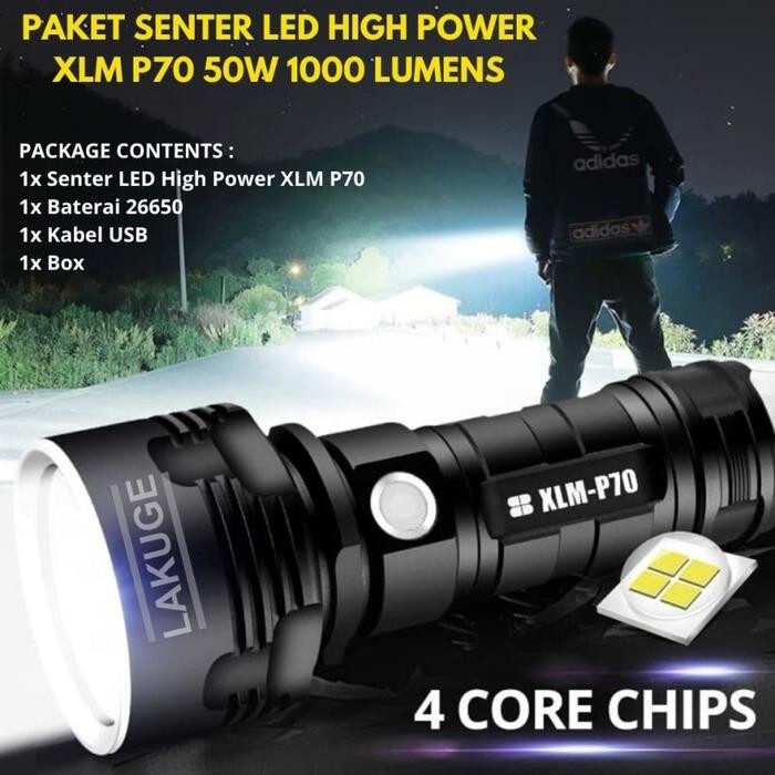 Senter Super terang Senter Led Rechargeable P70 50W 1000 Lumens + Bok