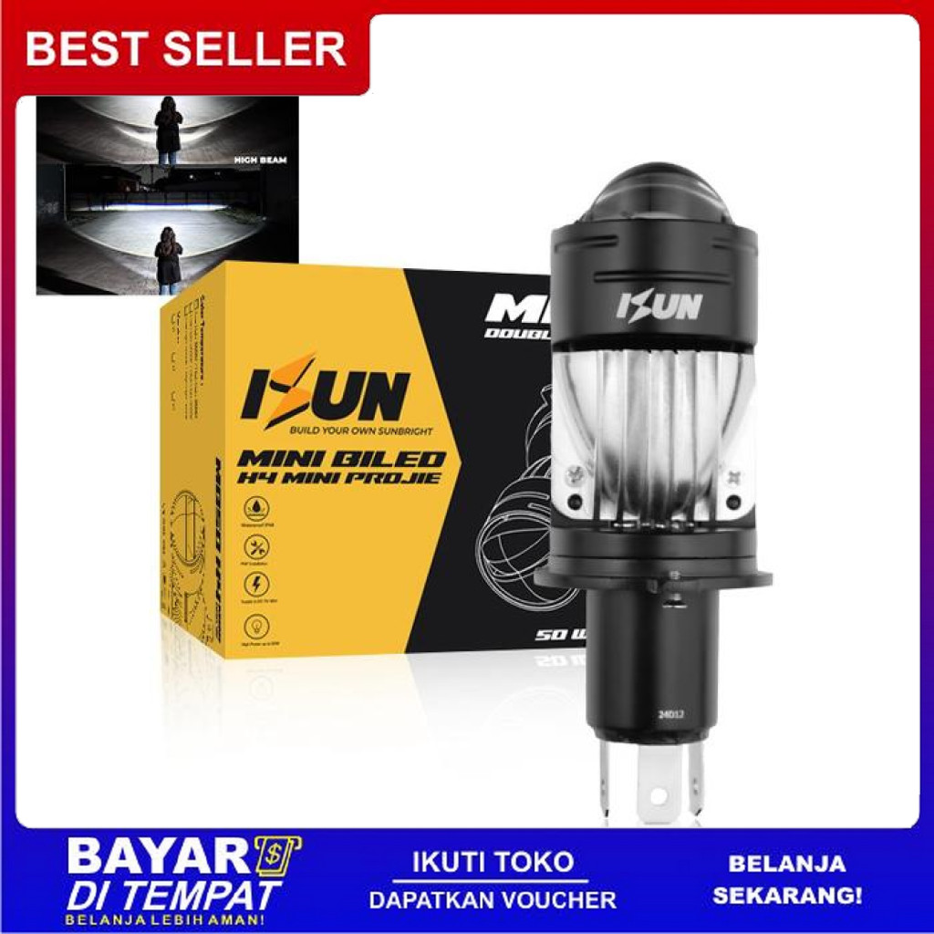 FREE ONGKIR ISUN LAMPU H4 MINI BILED MB50 DENGAN DOUBLE-LENS LASER DAN KIPAS PENDINGIN DC9-60V/50W