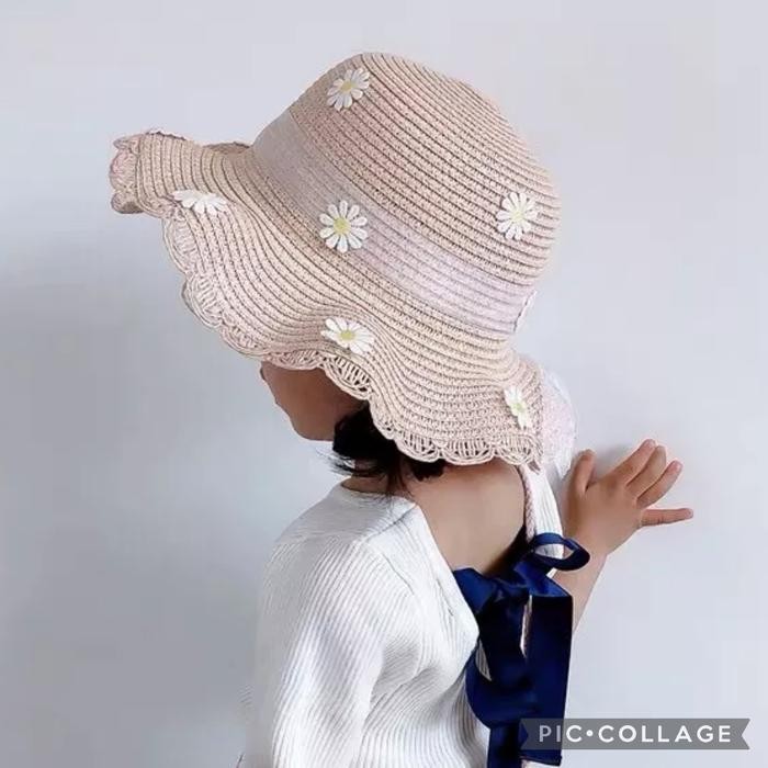 4-8 tahun Topi Pantai Anak Perempuan Motif Pita Bunga Fashion Aksesoris Kepala