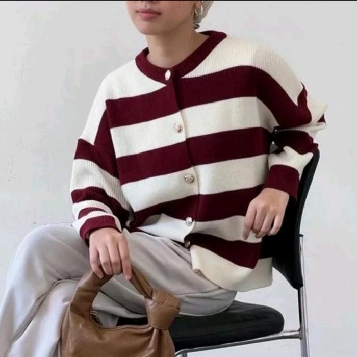 HECTIC Alice Knit Cardigan Premium - Cardigan Stripe Wanita - Cardigan Kancing Belang