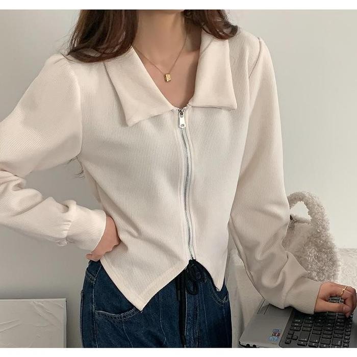 KARLEY Outer Crop Korea Style Resleting Cardigan Wanita Lengan Panjang