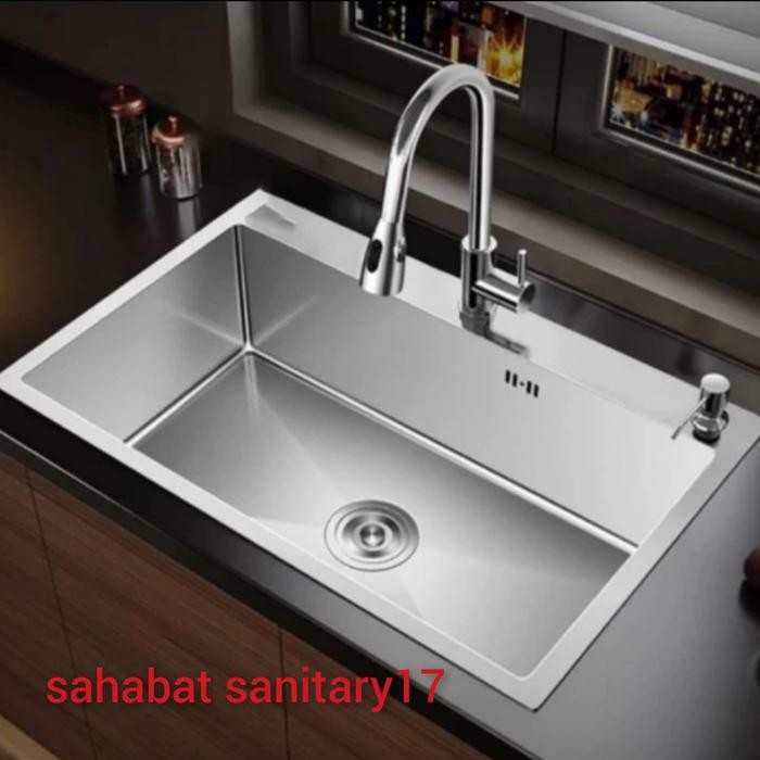 Paket Kitchen Sink Stainless 8050 Sink 1 lubang Besar + Kran Fleksibel