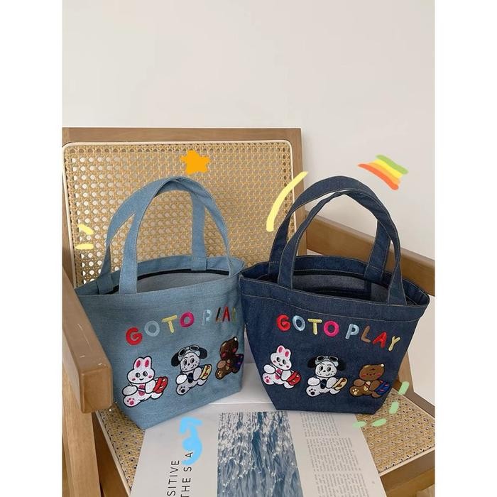 TOTEBAG MINI KARAKTER KARTUN LUCU / COWIN BAG BAHAN JEANS PREMIUM / TAS WANITA FASHION / TAS BEKAL