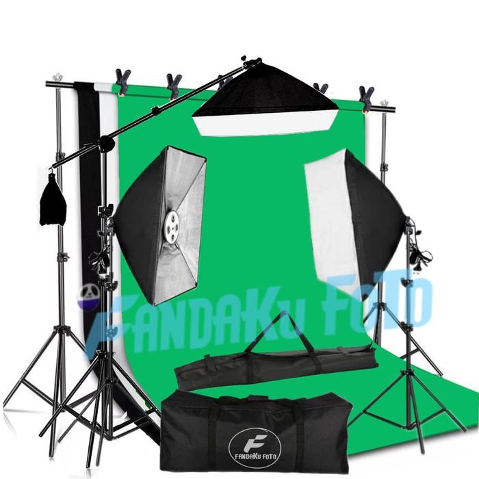 lighting video foto set studio dengan background backdrop boom arm