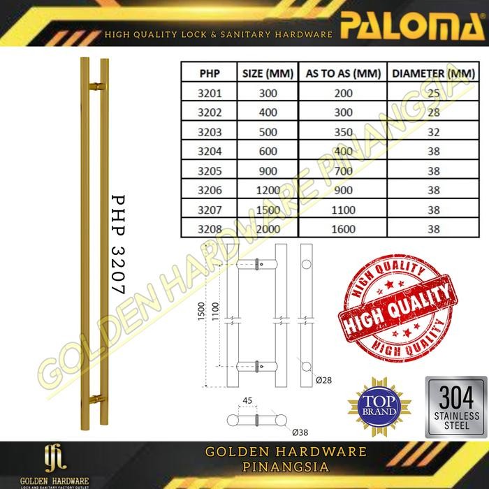 TARIKAN GAGANG PULL HANDLE PINTU BULAT PVD GOLD EMAS 150CM 1500MM 1,5 METER PALOMA PHP 3207
