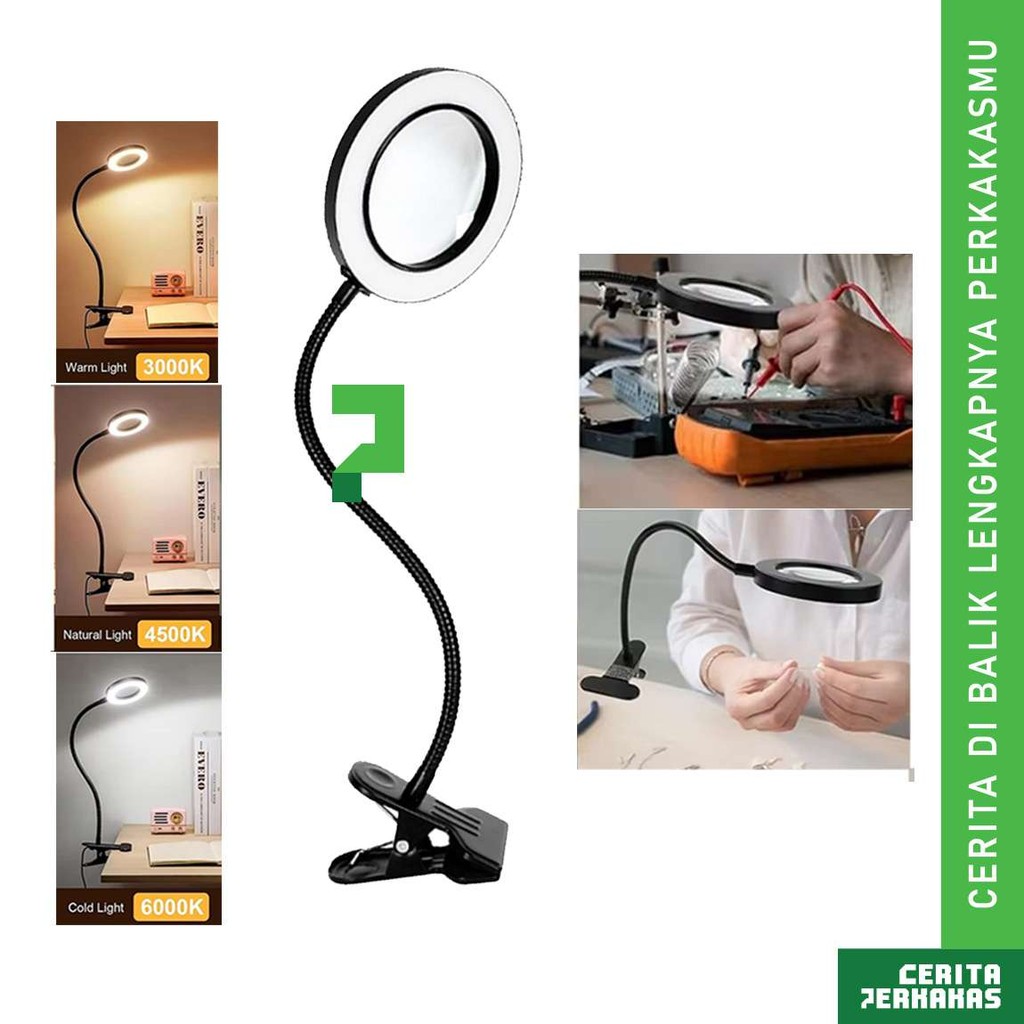 

CP Pembesar Kaca Klip Desktop LED 10X 110mm E046X / Meja USB Magnifier Lampu Baca Table Lamp / Multifungsi Duduk Jepit / Magnifying Glass / Profesional Service / Dengan Tiga Mode / Power Supply