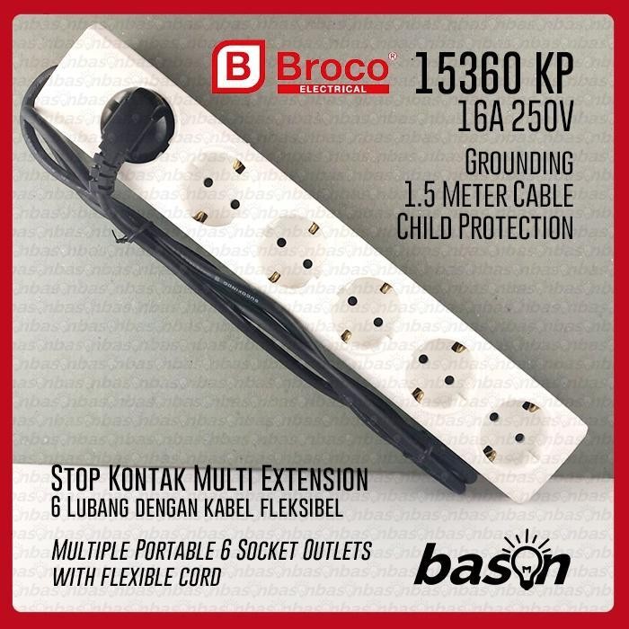 BROCO 15360 KP - Stop 6 Lubang 16A Arde , Kabel 1.5 meter & CP *