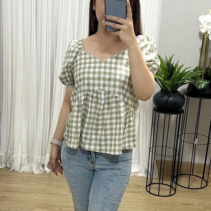 (Expert) (Victoria Wear House) Ara Top Baju Atasan Lengan Balon Puffy Sleeve Motif Kotak-Kotak
