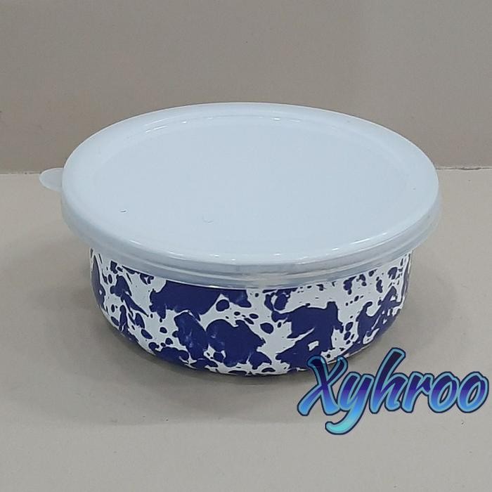 Rantang Bowl Mangkok Enamel 12cm Biru Blirik Loreng Tutup Plastik
