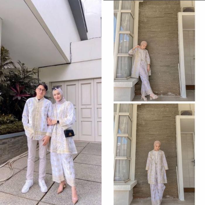 SIAPKIRIM Set Couple Batik Songket Palembang Putih Setcel Outer Wanita Terbaru READY STOCK