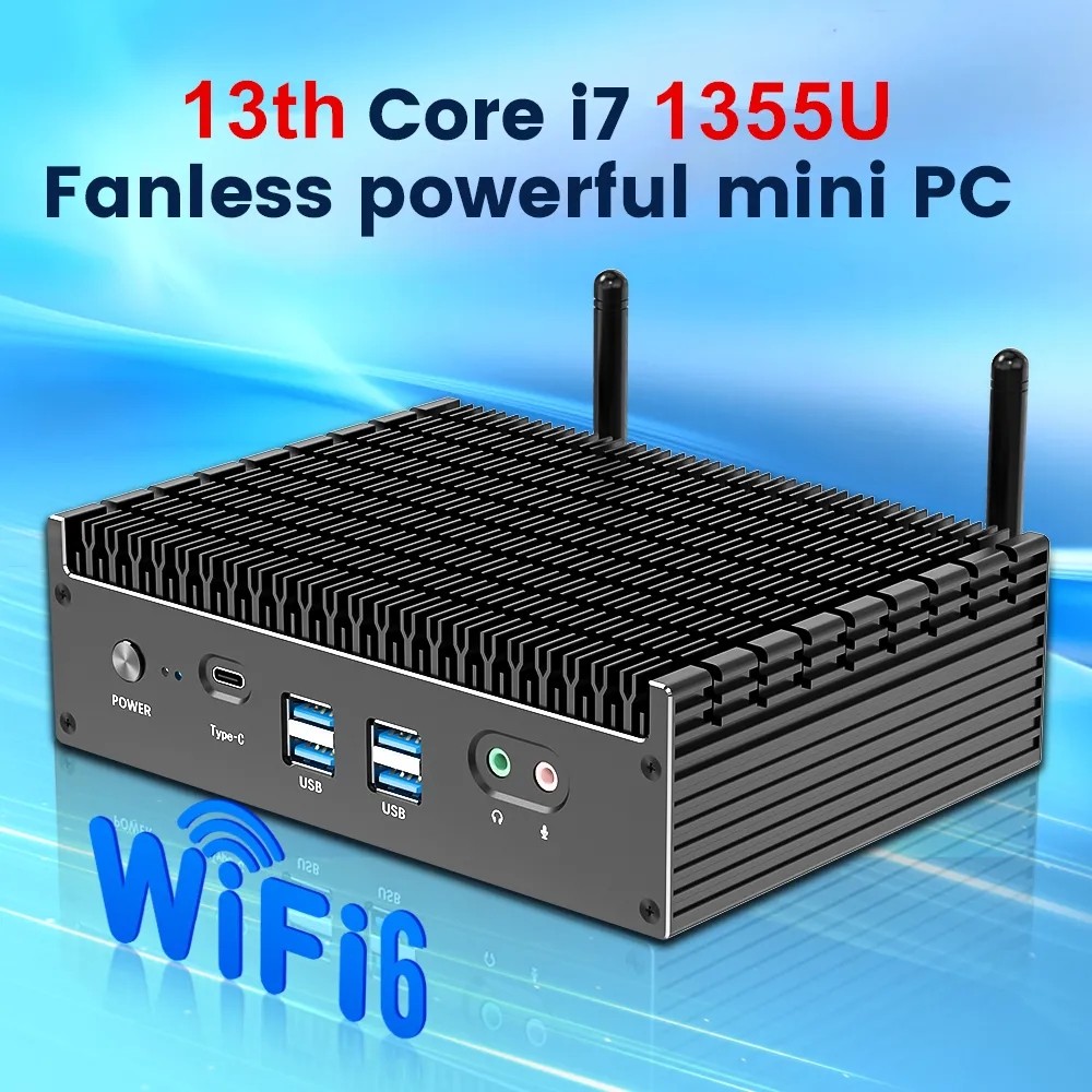 Fanless Intel Mini PC 13th Gen i7 1355U i5 1335U 2*2.5G LAN PCIE4.0 DDR4 Tunderbolt 4 eGPU Desktop P