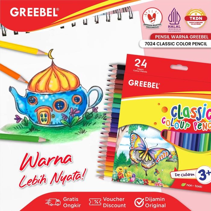 

GREEBEL Pensil Warna Panjang 24 Warna (7024) Classic Color Pencils Greebel 24