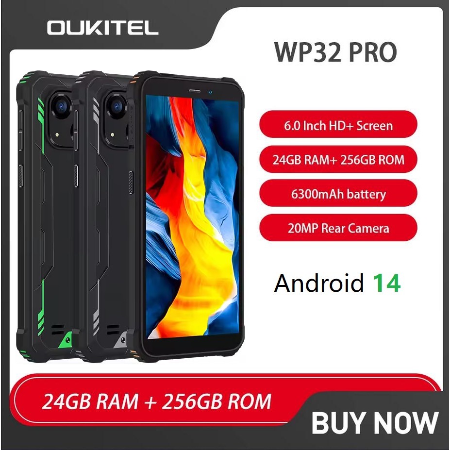 Oukitel WP32 Pro 4G Rugged Smartphone Android 14 6GB RAM+256GB ROM 6 Inch HD Octa Core Mobile Phone 