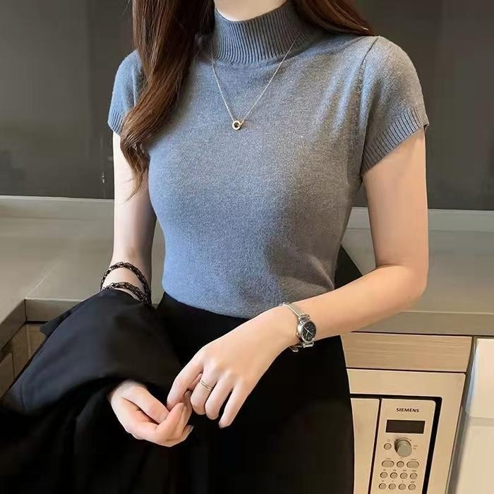 (Expert) TELLY 132 Kaos Atasan Rajut Kerah Tinggi Panjang Knitwear Crop Top Wanita Baju Pendek