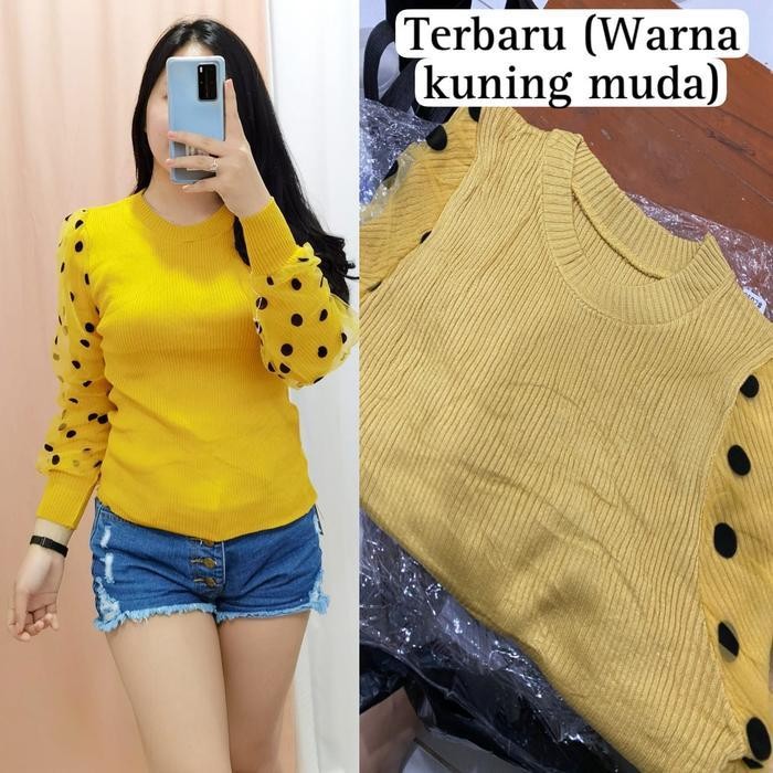 (Expert) GLIVEO (COD) - BLOUSE LENGAN BALON TILE POLKA KECIL RAJUT IMPORT / ATASAN RAJUT LENGAN