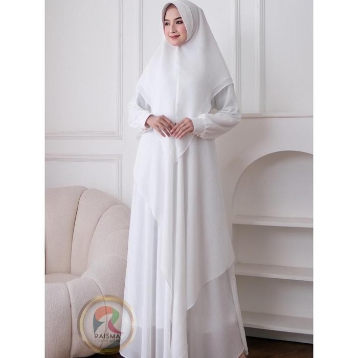 Gamis putih syari ceruti jilbab instan busana umroh haji Yumi