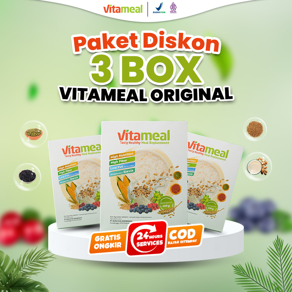 

Paket 3 BOX Hemat Vitameal Sereal No.1 Terlaris Indonesia Ampuh Atasi berbagai masalah Kesehatan VITAMIL KESEMUTAN
