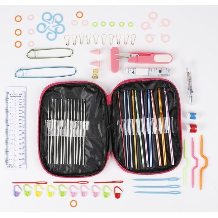 

AT PROMO 100 Pcs per Set Alat Jahit Rajut Set Komplit Hakpen Set Jarum Knitting Crochet Hook Benang