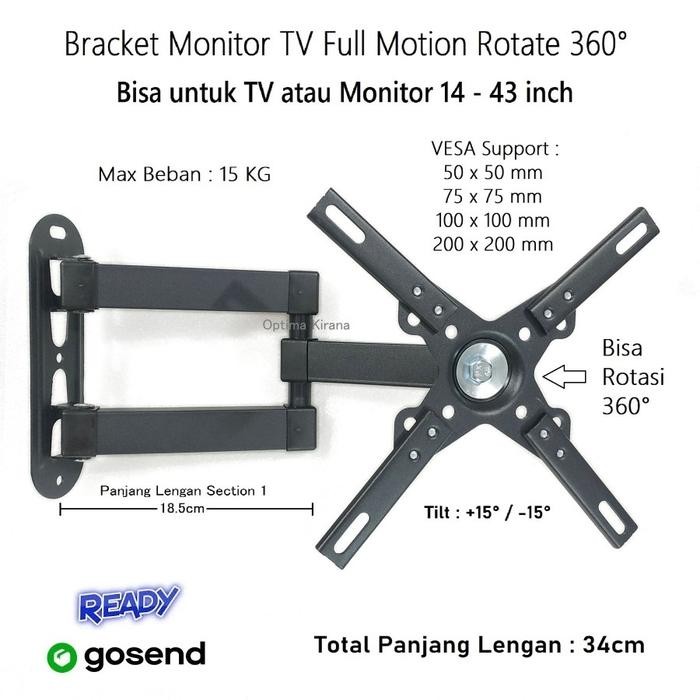 Bracket Full Motion Rotary Putar 360 Gerak 4 Arah Pc Monitor Tv Led Lcd Curve Flat 14 21 27 32 37 42