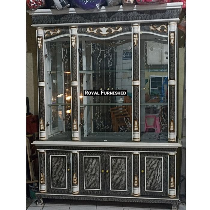 Lemari Hias Pajangan Kristal Full Kaca 4 Pintu Abu