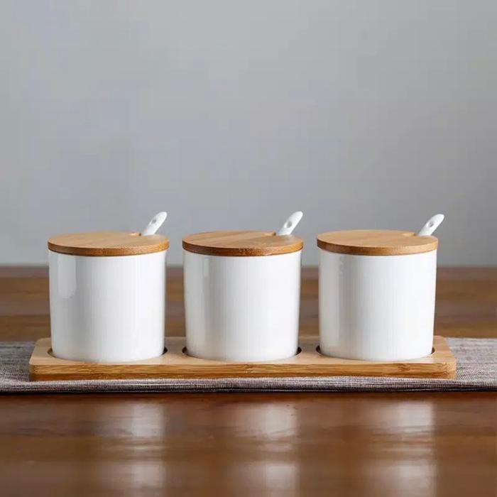 Tempat Bumbu Keramik Putih Polos Set 3pcs Kode 647