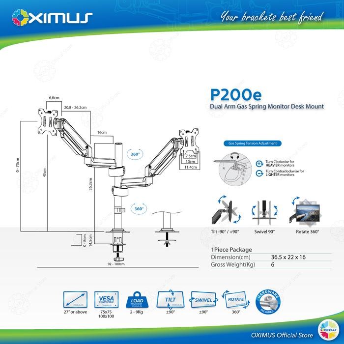 

BRACKET MONITOR DESKMOUNT GAS SPRING OXIMUS P200e TILT SWIVEL ROTATE Hitam Putih Laptop Computer