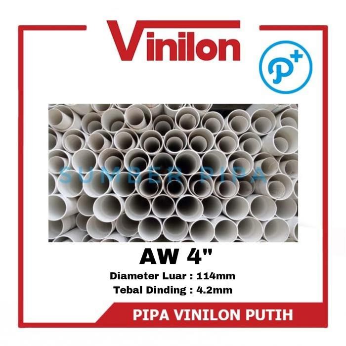 Promo Pipa Pvc Vinilon Putih Aw 4" - Paralon 4 Inch Panjang 4M Tbk