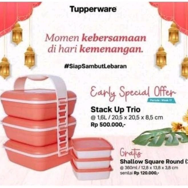 Stack up trio tupperware / rantang tupperware 3 susun + free / picnic set trio