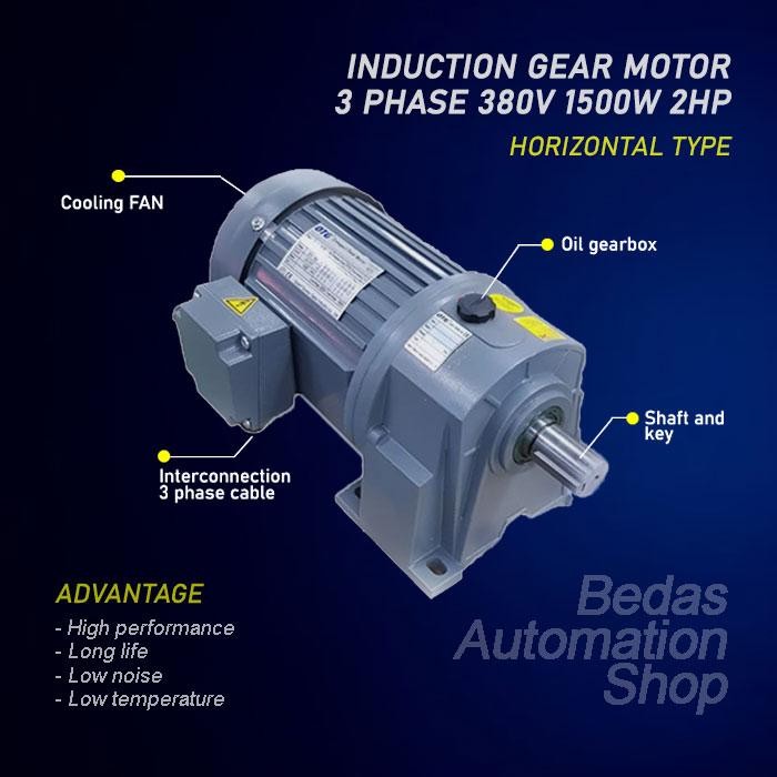 Motor induksi gearbox 3 phase 2 Hp (1.5KW) 4 Pole 1500rpm